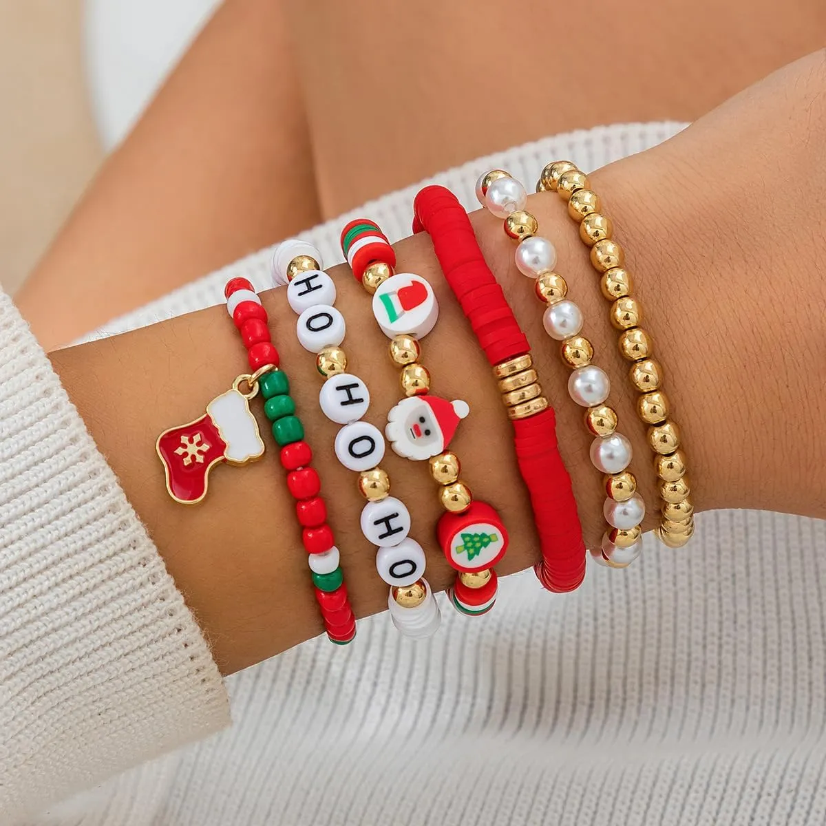 tenghong2021 Christmas Beaded Stretch Bracelets for Women Adjustable Heishi Surfer Clay Bead Stackable Bracelet Set Polymer Clay Disc Beads Adjustable Bracelets for Women Christmas Friendship Jewelry