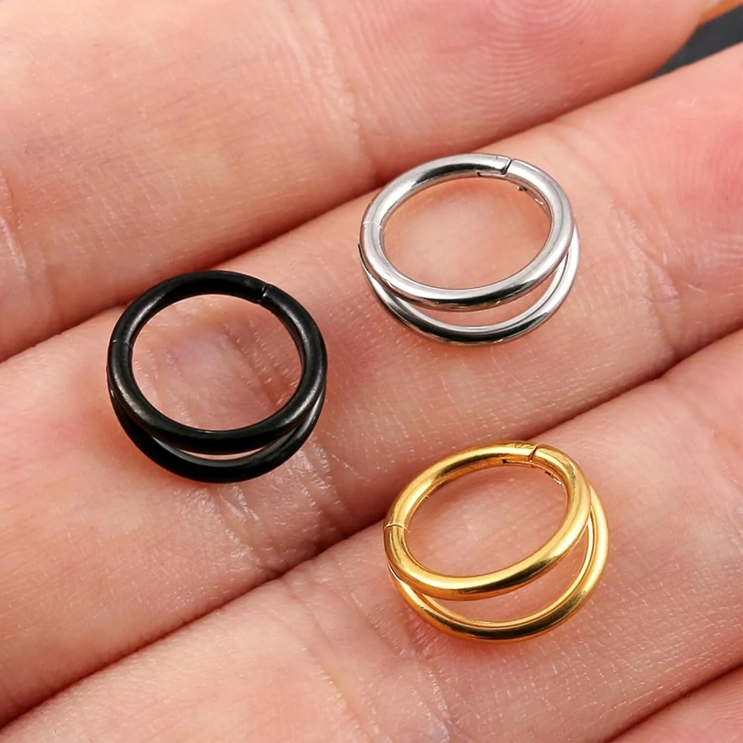 Titanium Double Hoop Hinged Piercing Nose Rings 18G 16G 6mm 8mm 10mm for Nostril Septum Cartilage Helix Daith Tragus Rook Conch Lip Ear Lobe Piercings Silver-Gold-Black-Rose Gold