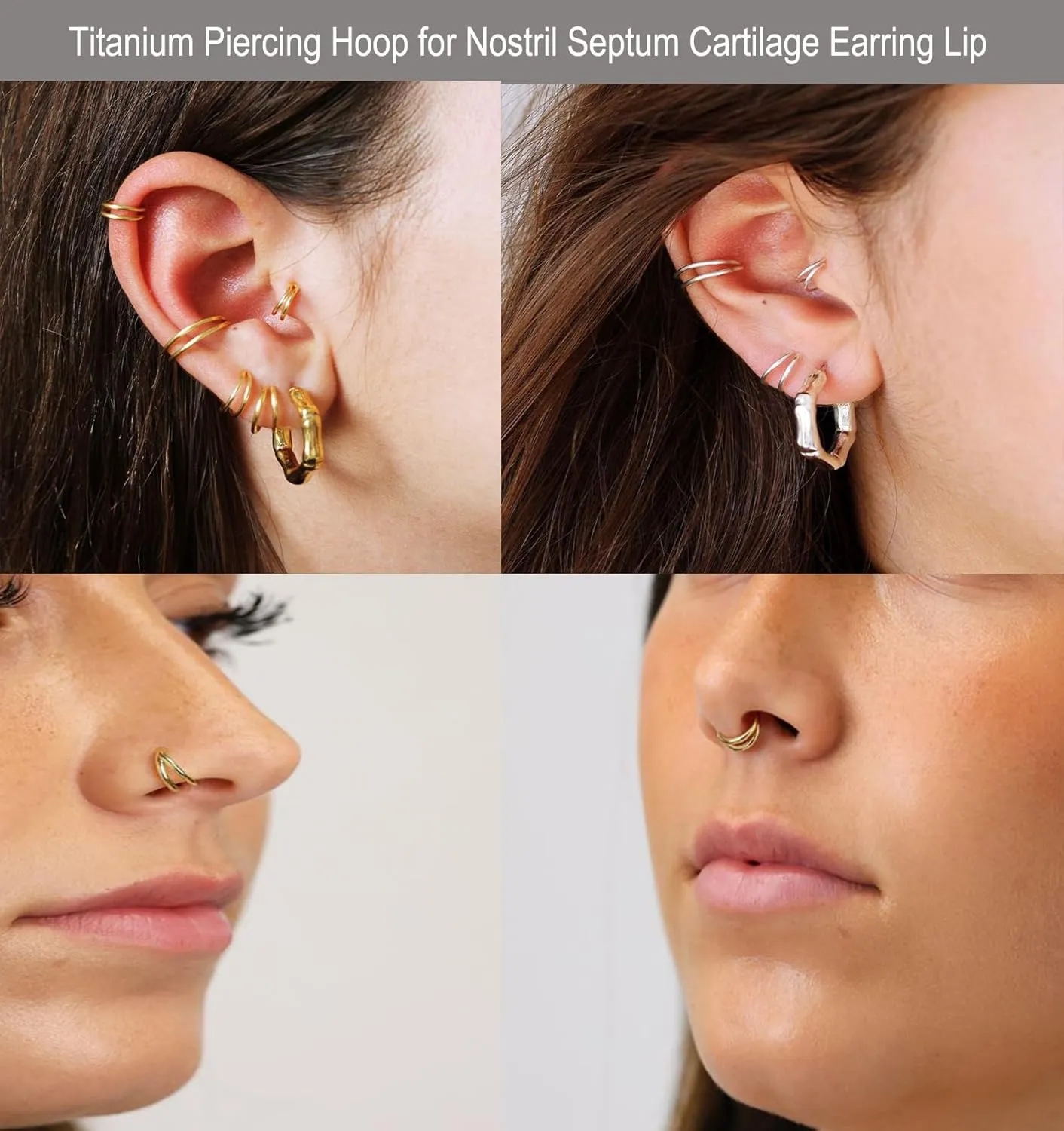 Titanium Double Hoop Hinged Piercing Nose Rings 18G 16G 6mm 8mm 10mm for Nostril Septum Cartilage Helix Daith Tragus Rook Conch Lip Ear Lobe Piercings Silver-Gold-Black-Rose Gold