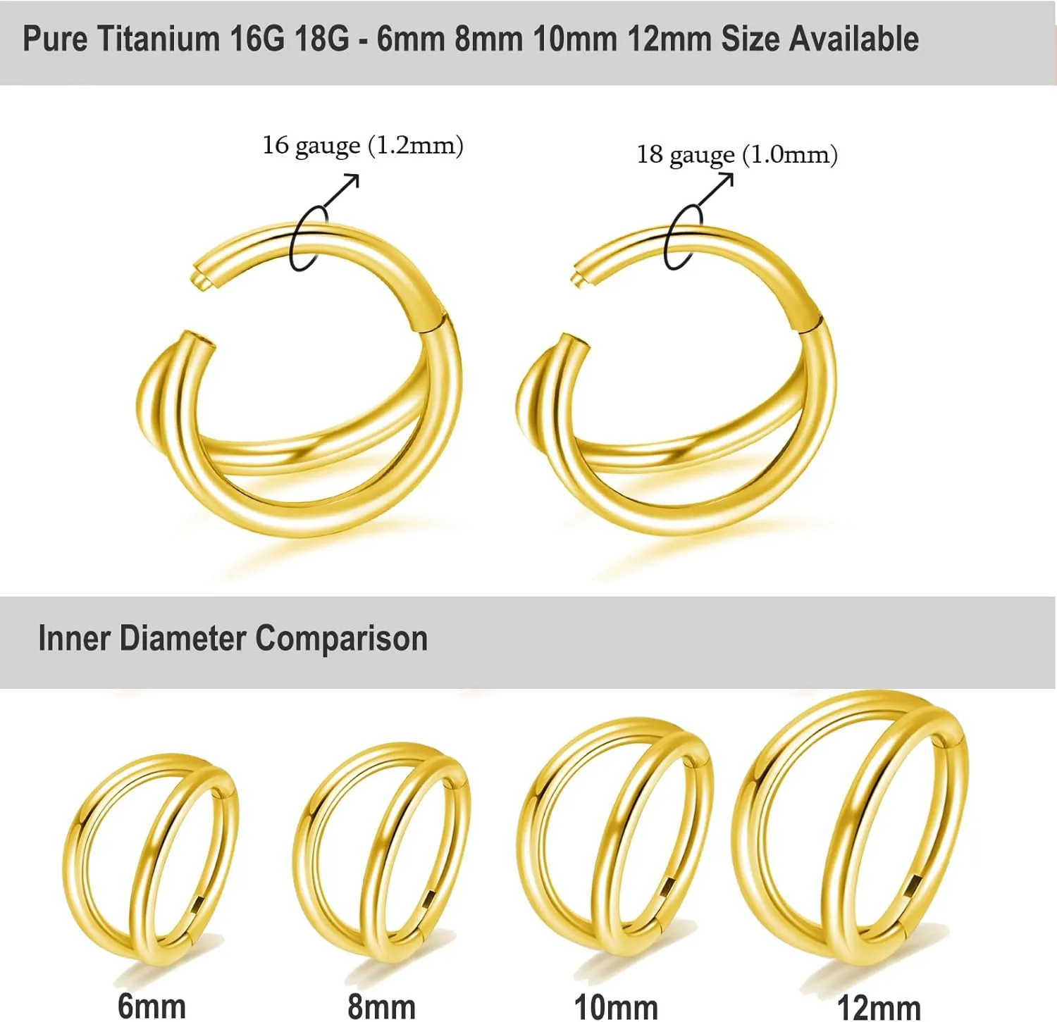 Titanium Double Hoop Hinged Piercing Nose Rings 18G 16G 6mm 8mm 10mm for Nostril Septum Cartilage Helix Daith Tragus Rook Conch Lip Ear Lobe Piercings Silver-Gold-Black-Rose Gold