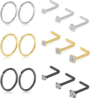 Titanium Nose Rings Hoops Studs 20G 15PCS L Shaped Screw Bone 1.5mm 2mm 2.5mm Cubic Zirconia Small Silver Black Gold Hypoallergenic Piercing Jewelry for Women Men