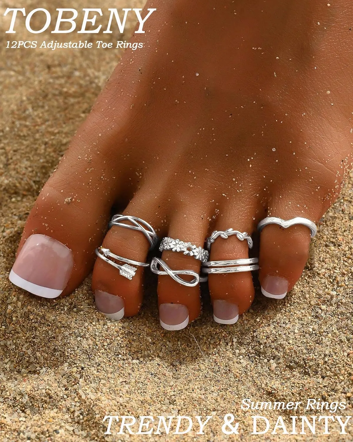 TOBENY 12PCS 14K Gold Plated Adjustable Toe Rings for Women Flower Arrow Band Open Tail Ring Women Beach Foot Jewelry Set