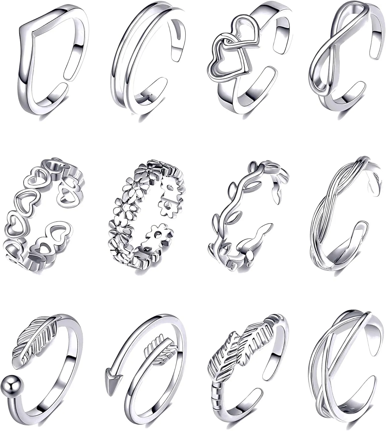 TOBENY 12PCS 14K Gold Plated Adjustable Toe Rings for Women Flower Arrow Band Open Tail Ring Women Beach Foot Jewelry Set