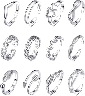 TOBENY 12PCS 14K Gold Plated Adjustable Toe Rings for Women Flower Arrow Band Open Tail Ring Women Beach Foot Jewelry Set