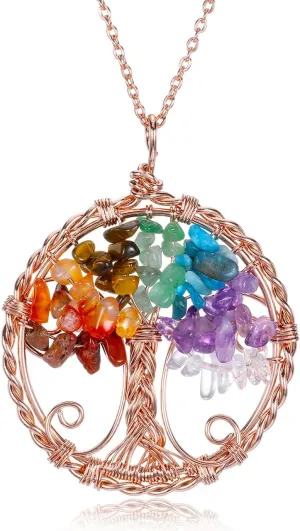 Top Plaza 7 Chakra Healing Crystal Necklace Life Tree Wire Wrapped Pendant Necklaces Reiki Stone Gemstone Quartz Jewelry for Womens