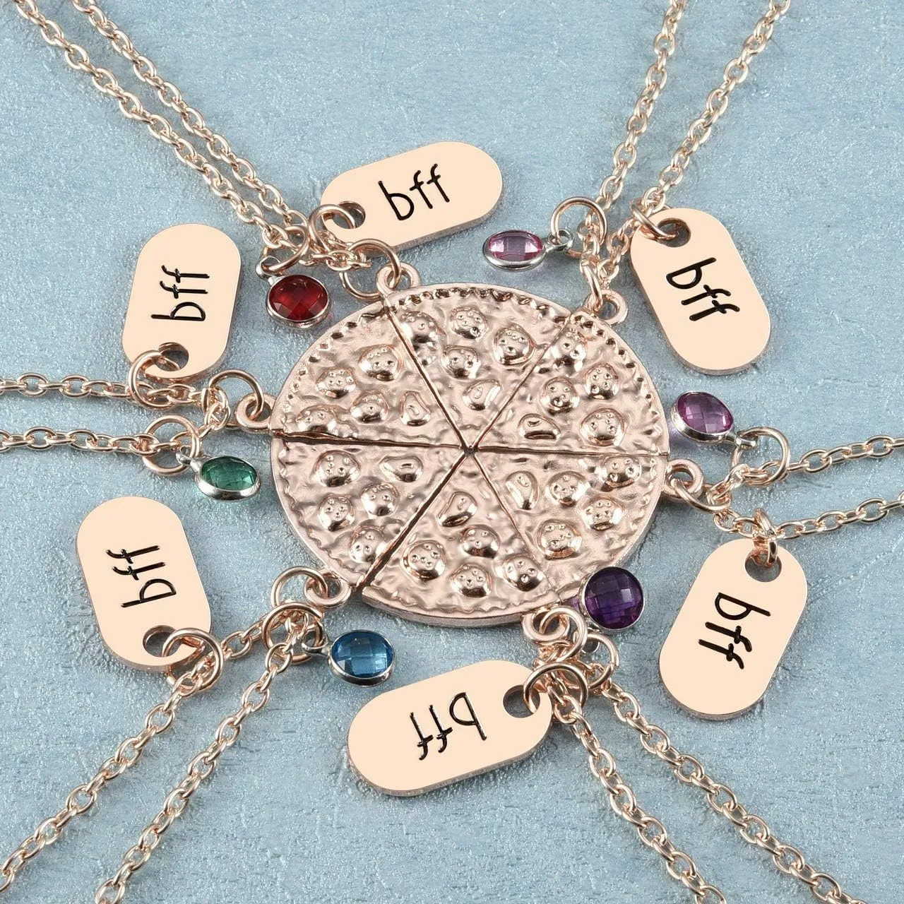 Top Plaza Womens Silver Tone Rhinestone Best Friends Forever BFF Necklace Engraved Pizza Pendant Necklaces 21 Inches - Set of 6