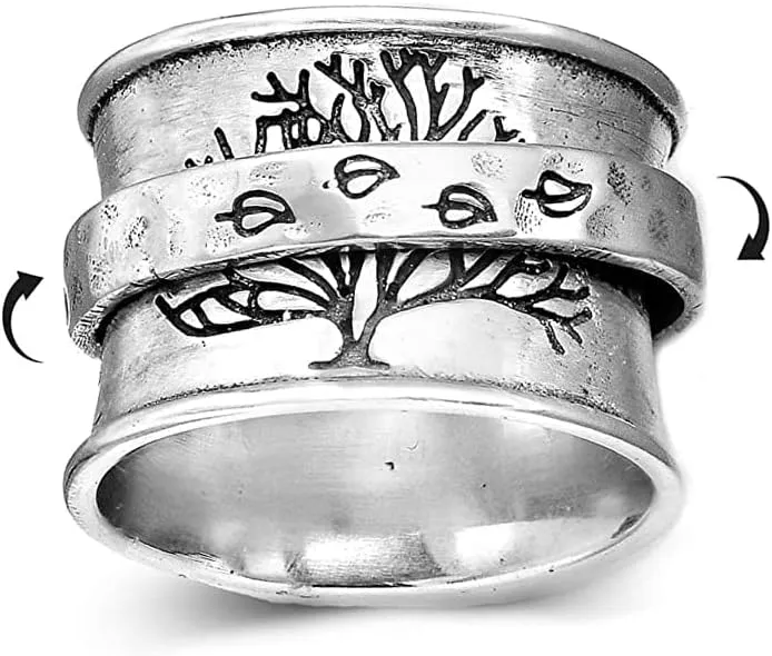 Tree of Life Spinner Ring for Women Men Anti Anxiety Fidget Rotate Freely Inspirations Stress Relief Stacking Middle Finger Wide Band Fashion Vintage Leaves Statement Ring Jewelry Gifts Birthday