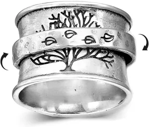 Tree of Life Spinner Ring for Women Men Anti Anxiety Fidget Rotate Freely Inspirations Stress Relief Stacking Middle Finger Wide Band Fashion Vintage Leaves Statement Ring Jewelry Gifts Birthday