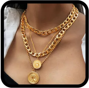 TWINKLEDE Layered Coin Pendant Gold Chunky Necklace Chain for Women