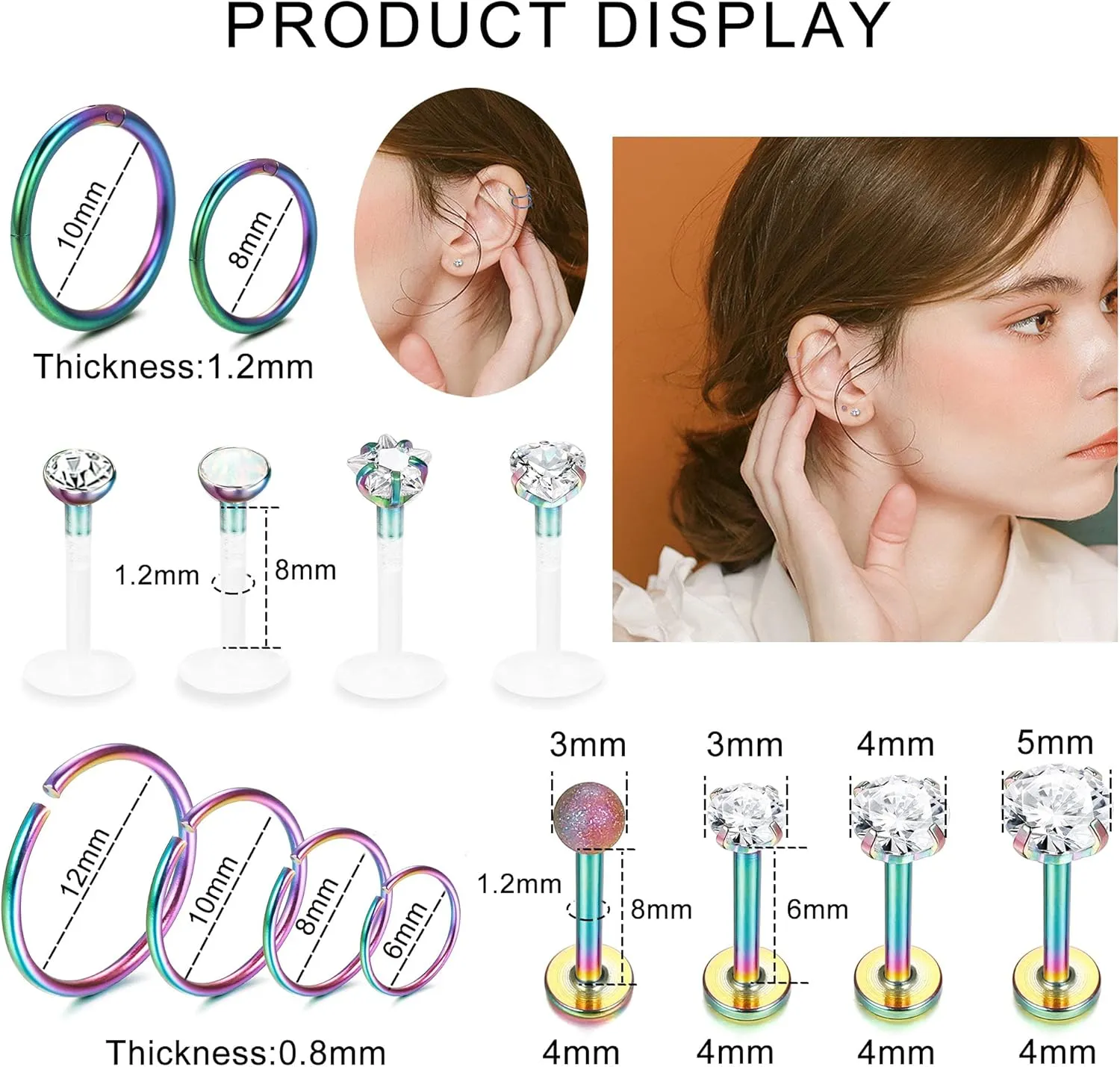 Ubjuliwa 27Pcs 16G Cartilage Earrings Stud Hoop for Women Stainless Steel Forward Helix Piercing Tragus Earrings Conch Piercing Jewelry
