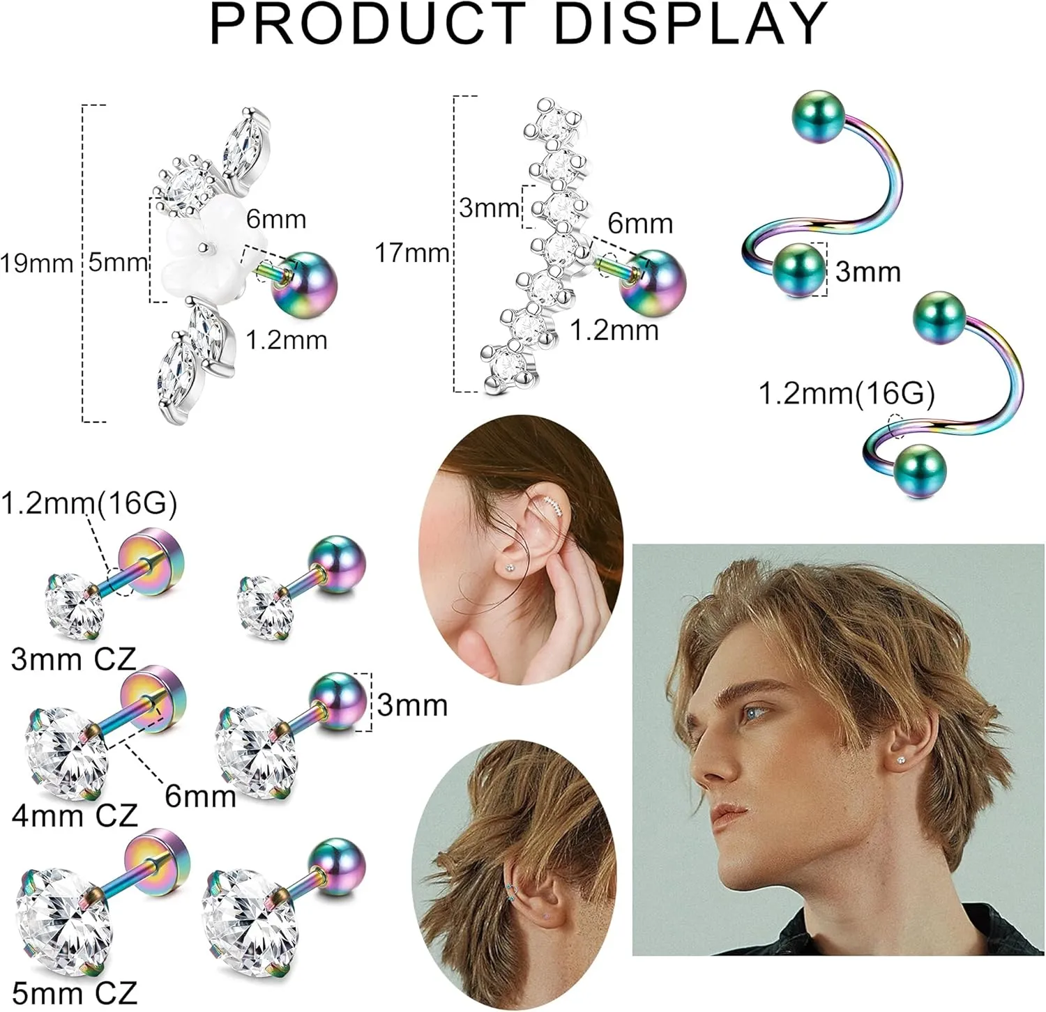 Ubjuliwa 27Pcs 16G Cartilage Earrings Stud Hoop for Women Stainless Steel Forward Helix Piercing Tragus Earrings Conch Piercing Jewelry