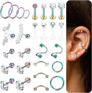 Ubjuliwa 27Pcs 16G Cartilage Earrings Stud Hoop for Women Stainless Steel Forward Helix Piercing Tragus Earrings Conch Piercing Jewelry