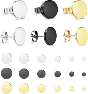 Udalyn 18 Pairs Stainless Steel Flat Stud Earrings Set for Men Women Faux Gauges Ear Tunnel Piercing Screw Earrings Silver Black Gold-Tone 5-10mm