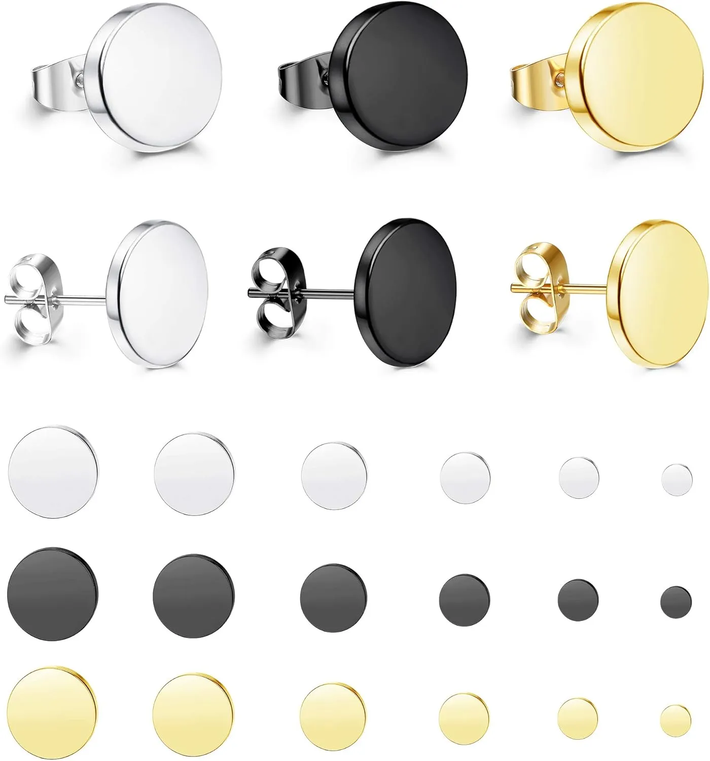 Udalyn 18 Pairs Stainless Steel Flat Stud Earrings Set for Men Women Faux Gauges Ear Tunnel Piercing Screw Earrings Silver Black Gold-Tone 5-10mm