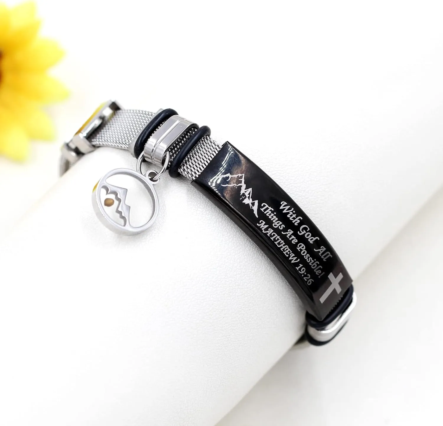 Uloveido Inspirational Bible Verse Bracelets - Stainless Steel Adjustable Belt Buckle Mesh Bangle Faith Mustard Seed Bracelets