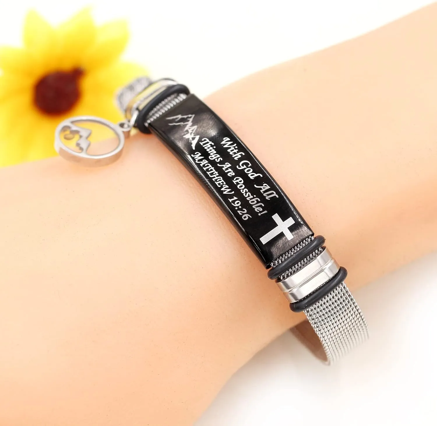 Uloveido Inspirational Bible Verse Bracelets - Stainless Steel Adjustable Belt Buckle Mesh Bangle Faith Mustard Seed Bracelets