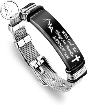 Uloveido Inspirational Bible Verse Bracelets - Stainless Steel Adjustable Belt Buckle Mesh Bangle Faith Mustard Seed Bracelets