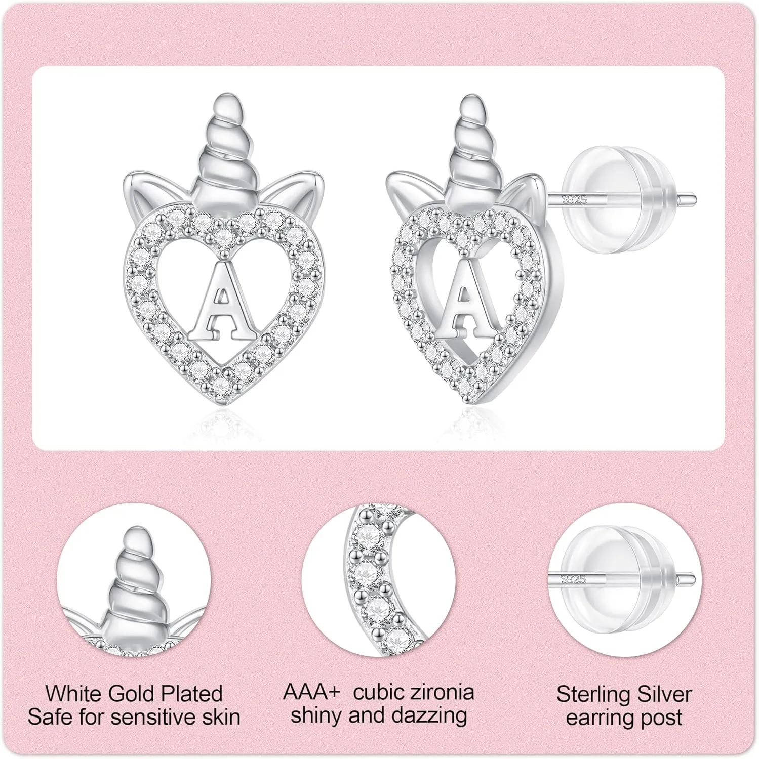 Unicorns Gifts for Girls Earrings, S925 Sterling Silver Post CZ Unicorn Stud Earrings White Gold/Rose Gold Plated Hypoallergenic Initial Earrings Unicorn Earrings for Kids Teen Girls