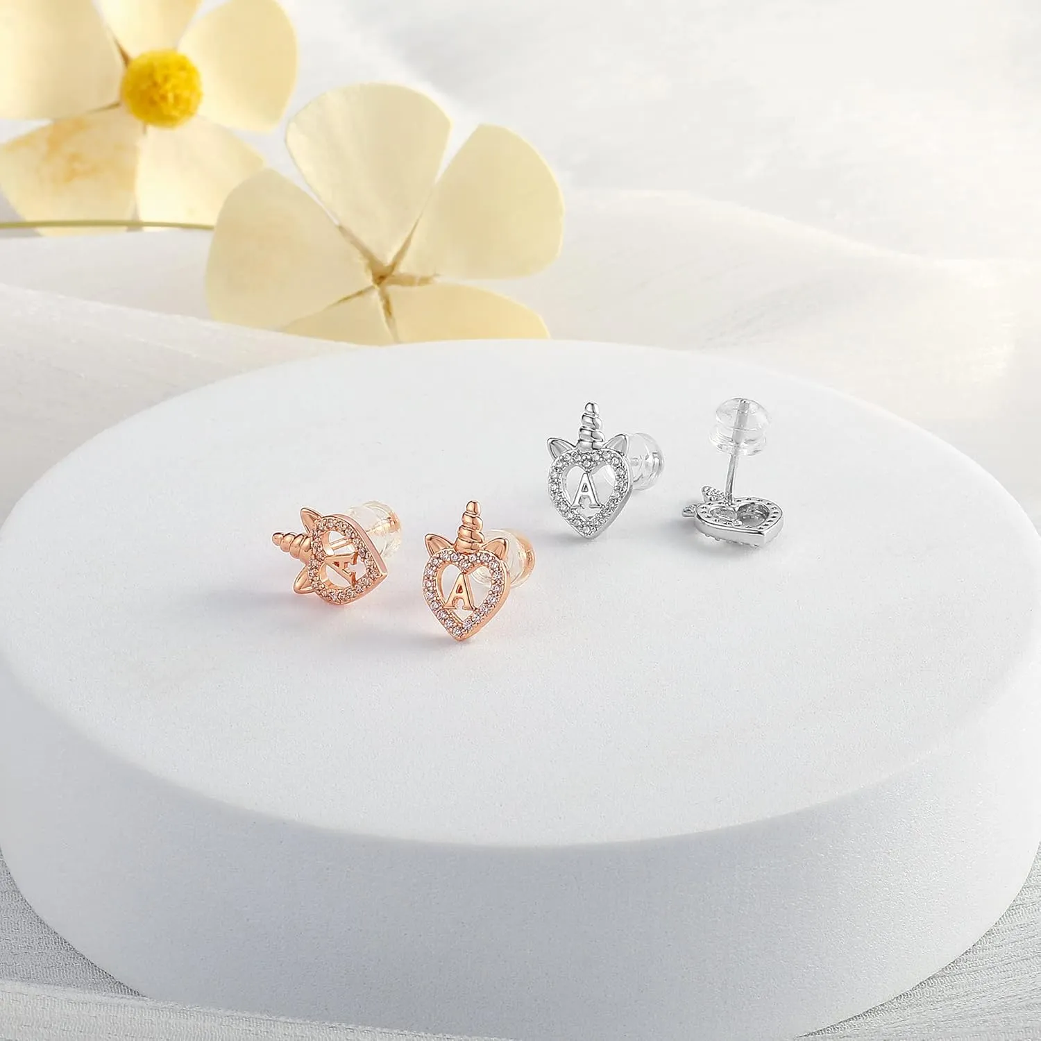 Unicorns Gifts for Girls Earrings, S925 Sterling Silver Post CZ Unicorn Stud Earrings White Gold/Rose Gold Plated Hypoallergenic Initial Earrings Unicorn Earrings for Kids Teen Girls