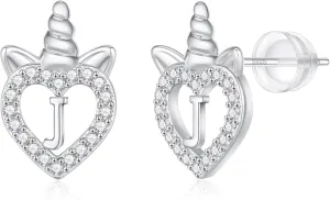 Unicorns Gifts for Girls Earrings, S925 Sterling Silver Post CZ Unicorn Stud Earrings White Gold/Rose Gold Plated Hypoallergenic Initial Earrings Unicorn Earrings for Kids Teen Girls