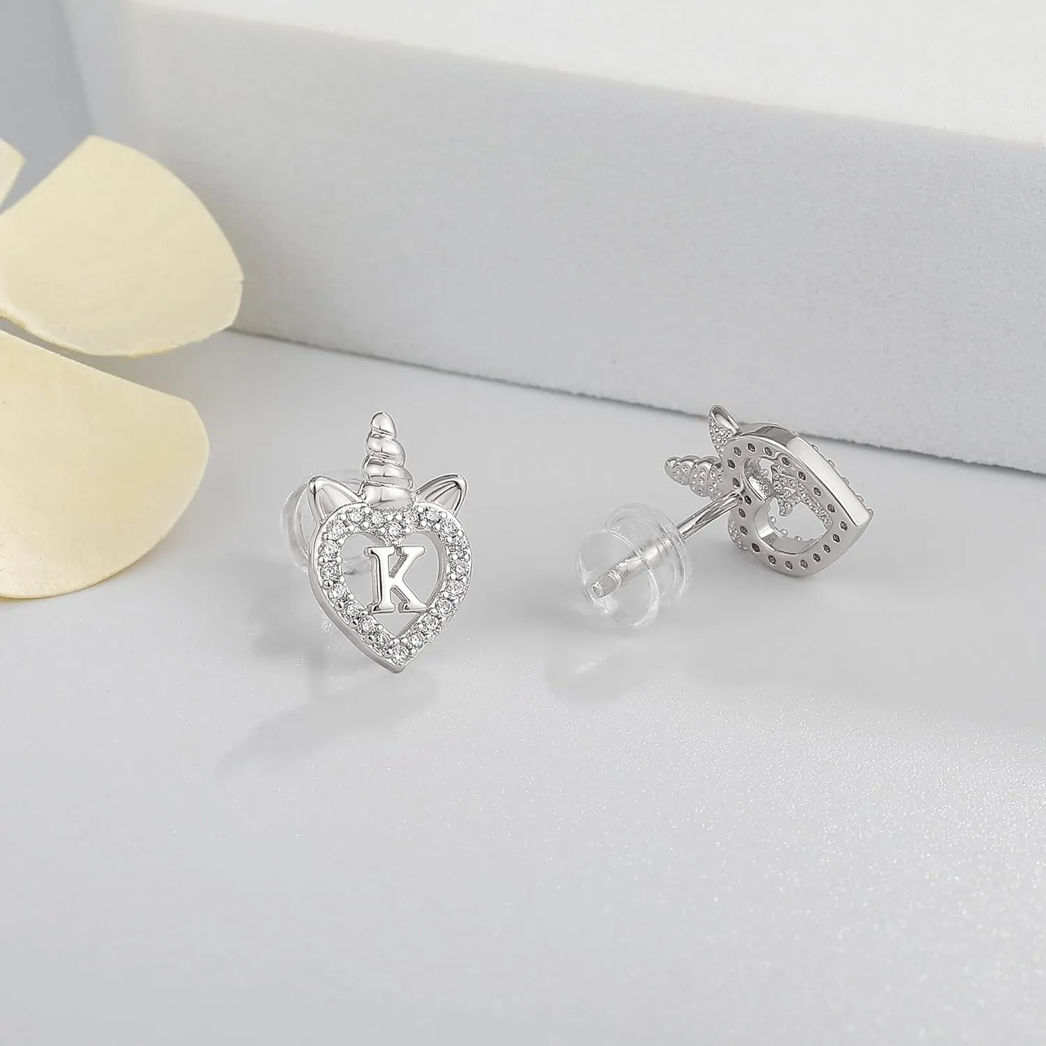 Unicorns Gifts for Girls Earrings, S925 Sterling Silver Post CZ Unicorn Stud Earrings White Gold/Rose Gold Plated Hypoallergenic Initial Earrings Unicorn Earrings for Kids Teen Girls