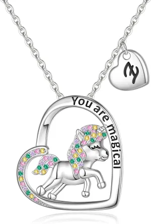 Unicorns Gifts for Girls Necklaces, White Gold Plated Colorful CZ Unicorn Necklace for Girls Heart Unicorn Necklace for Girls Letter Initial Necklaces for Girls Kids Unicorn Gifts for Girls Jewelry