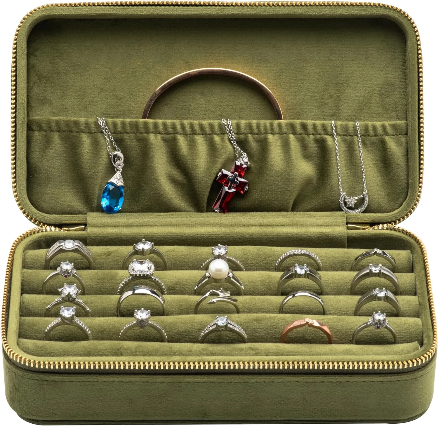 Velvet Multiple Ring Box Jewelry Organizer Display Tray with Zipper Around Earring Holder Case for Wedding Birthday (Olive Green)
