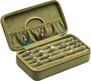 Velvet Multiple Ring Box Jewelry Organizer Display Tray with Zipper Around Earring Holder Case for Wedding Birthday (Olive Green)