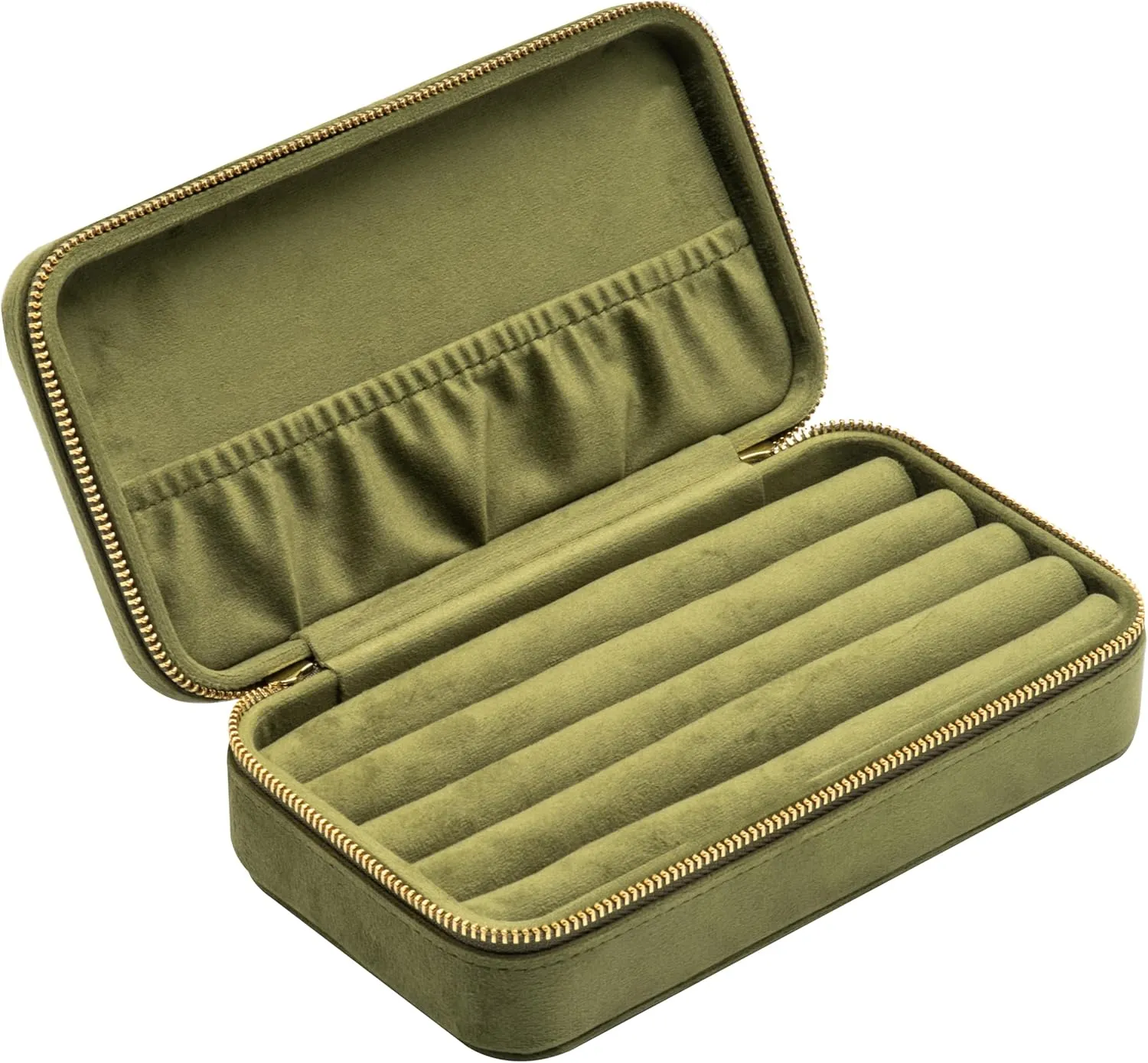 Velvet Multiple Ring Box Jewelry Organizer Display Tray with Zipper Around Earring Holder Case for Wedding Birthday (Olive Green)