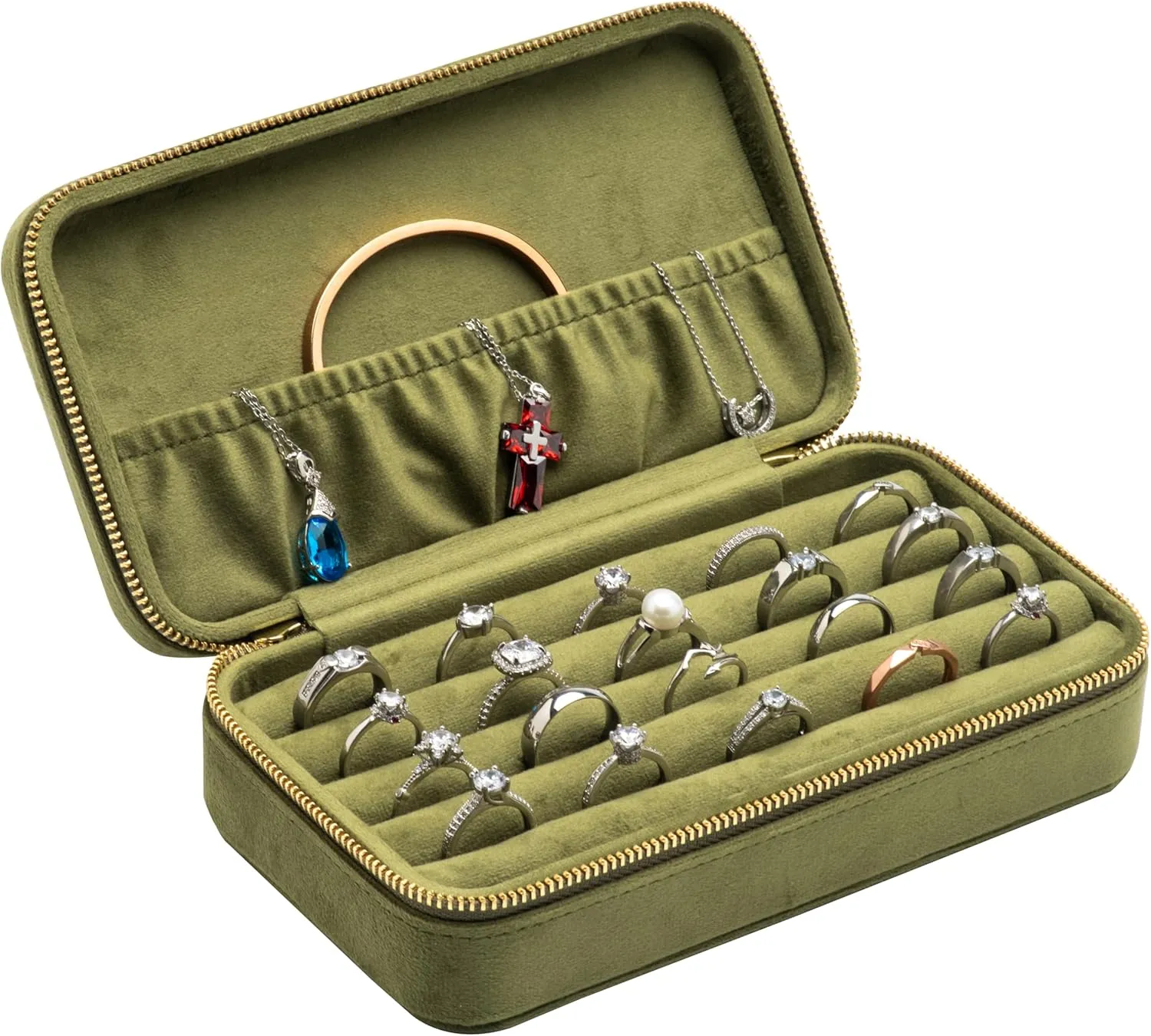 Velvet Multiple Ring Box Jewelry Organizer Display Tray with Zipper Around Earring Holder Case for Wedding Birthday (Olive Green)
