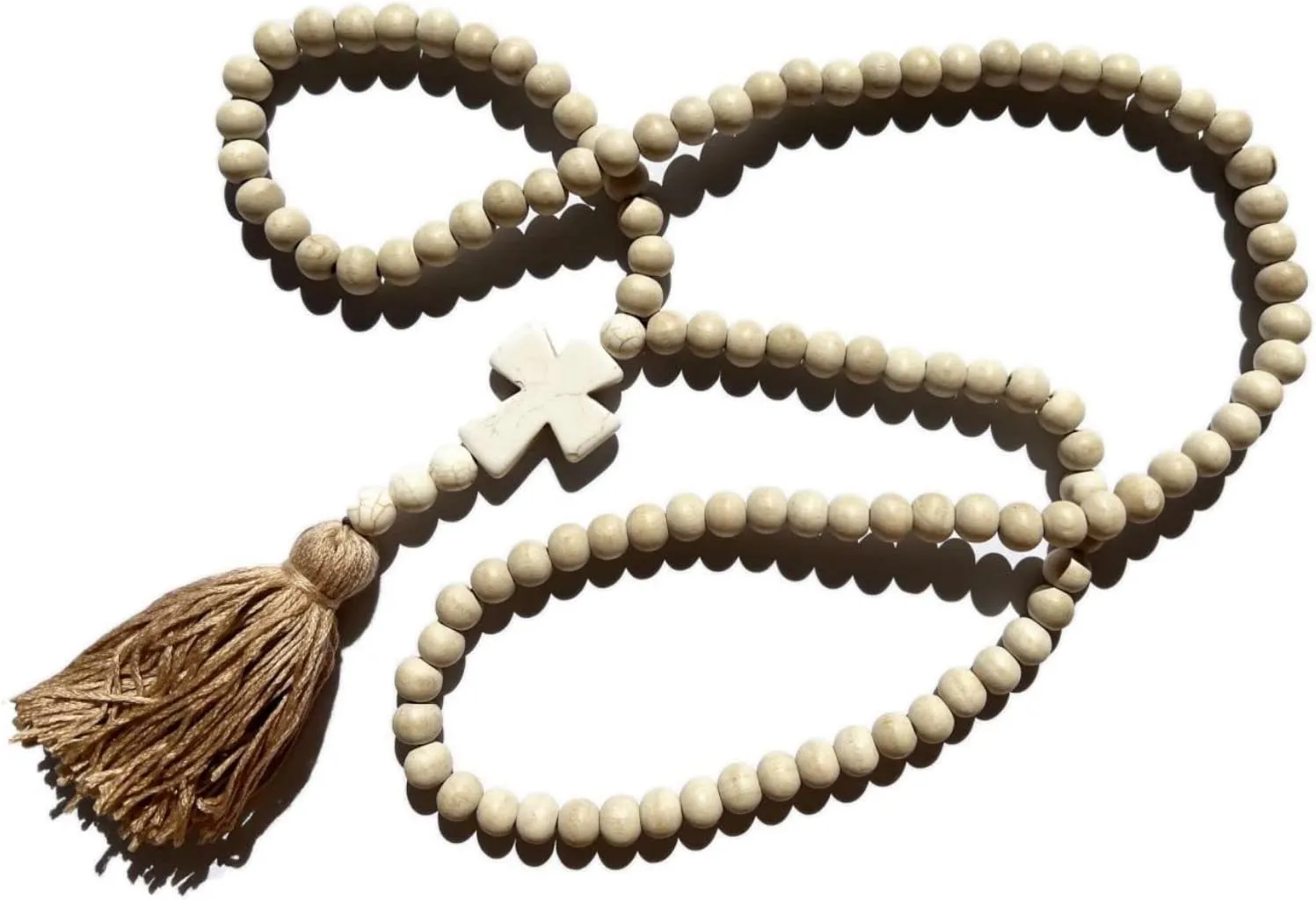 Vintage Natural Round Wooden Beads Long Sweater Chain Strand Necklace Handmade Retro Ethnic Peace Cross Star Wood Beaded Necklace Bohemia Tassel Pendant Neckalce for Women Jewelry-cross