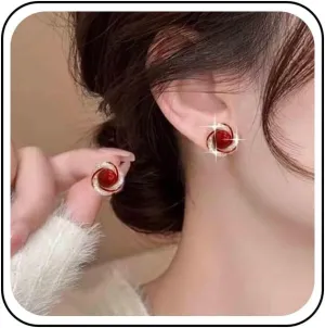 Vintage Round Red Gemstone Stud Earrings Round Red Coral earrings Swirl Crystal Earrings Cz Red Rhinestone Post Earrings Geometric Gem Earrings Jewelry for Women