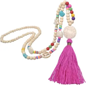 Vintage Wood Beads Necklace for Women Tassel Pendant Bohemian Colorful Star Heart Shell Charms Handmade Jewelry (Color : Fuchsia)
