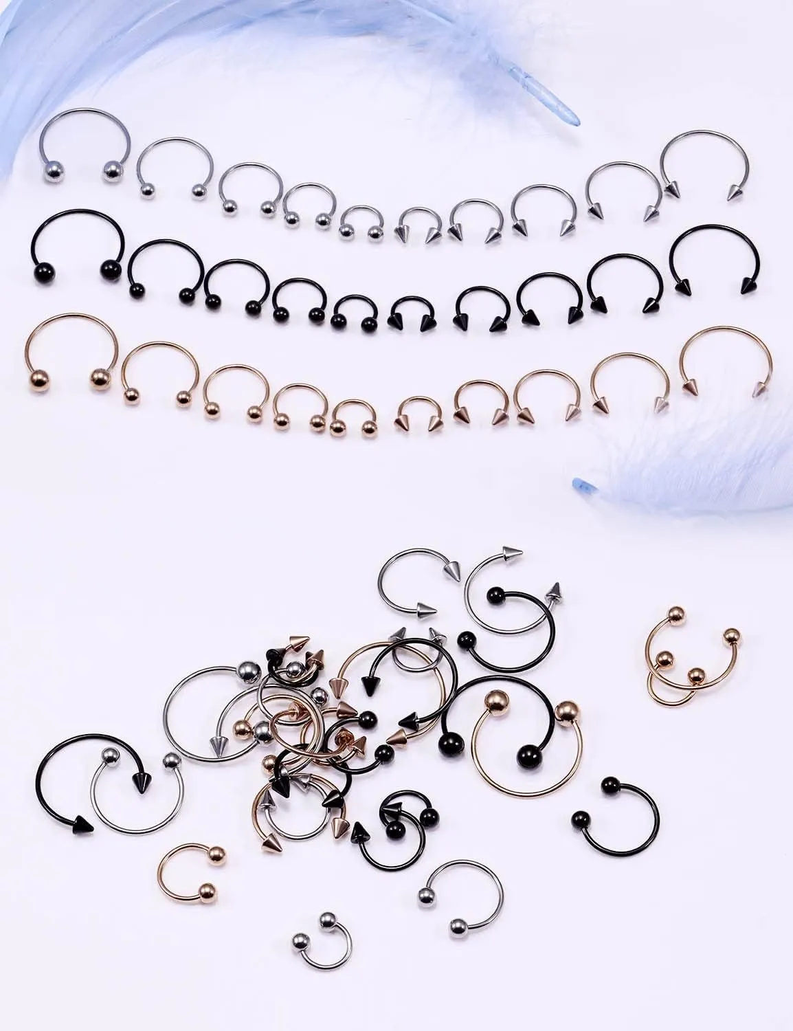 Vsnnsns 14G-16G-20G Septum & Nose Rings - Surgical Steel Piercing Jewelry: Horseshoe, Snake Bite, Smiley, Daith Rook Earrings for Women & Men - 6MM-16MM - 30PCS