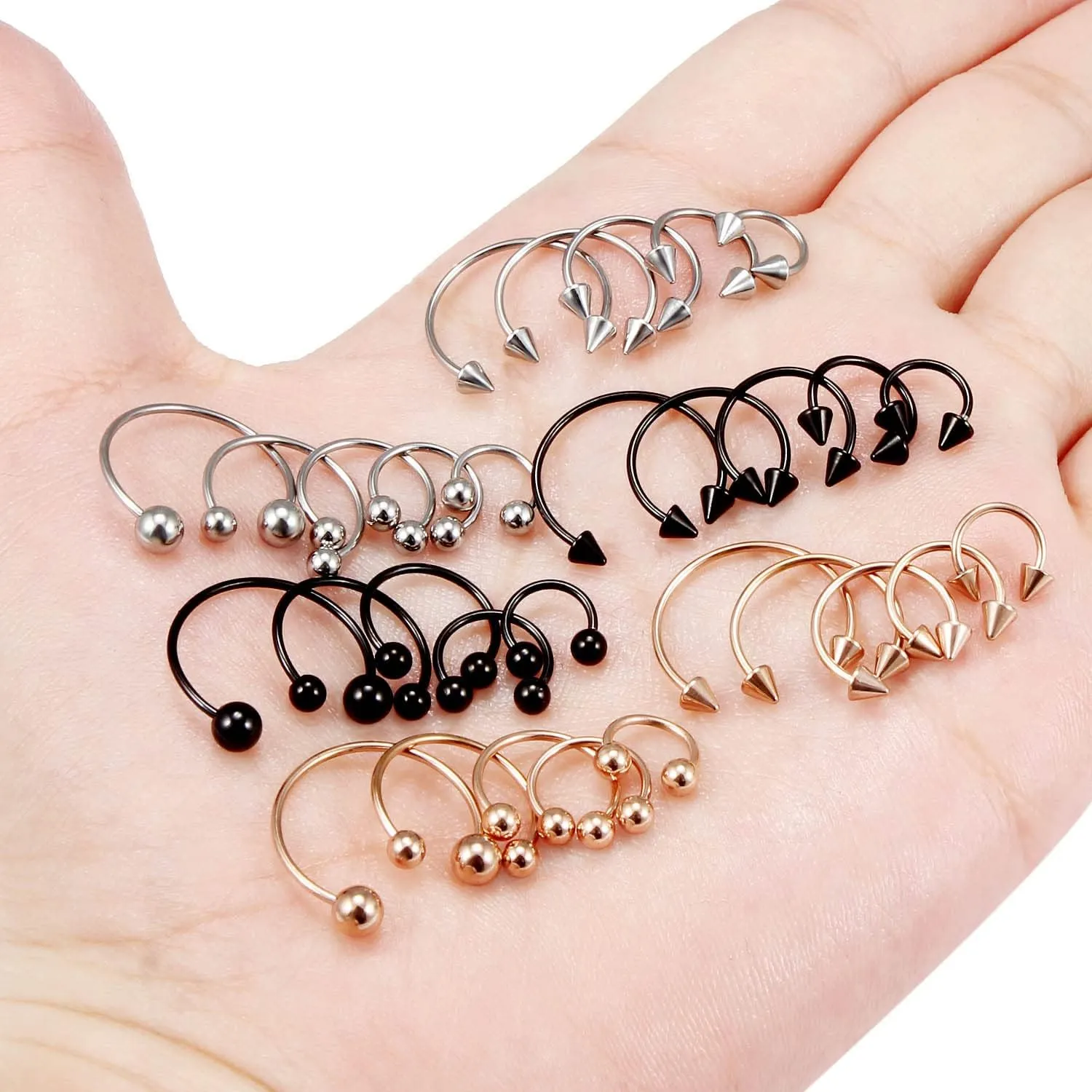 Vsnnsns 14G-16G-20G Septum & Nose Rings - Surgical Steel Piercing Jewelry: Horseshoe, Snake Bite, Smiley, Daith Rook Earrings for Women & Men - 6MM-16MM - 30PCS