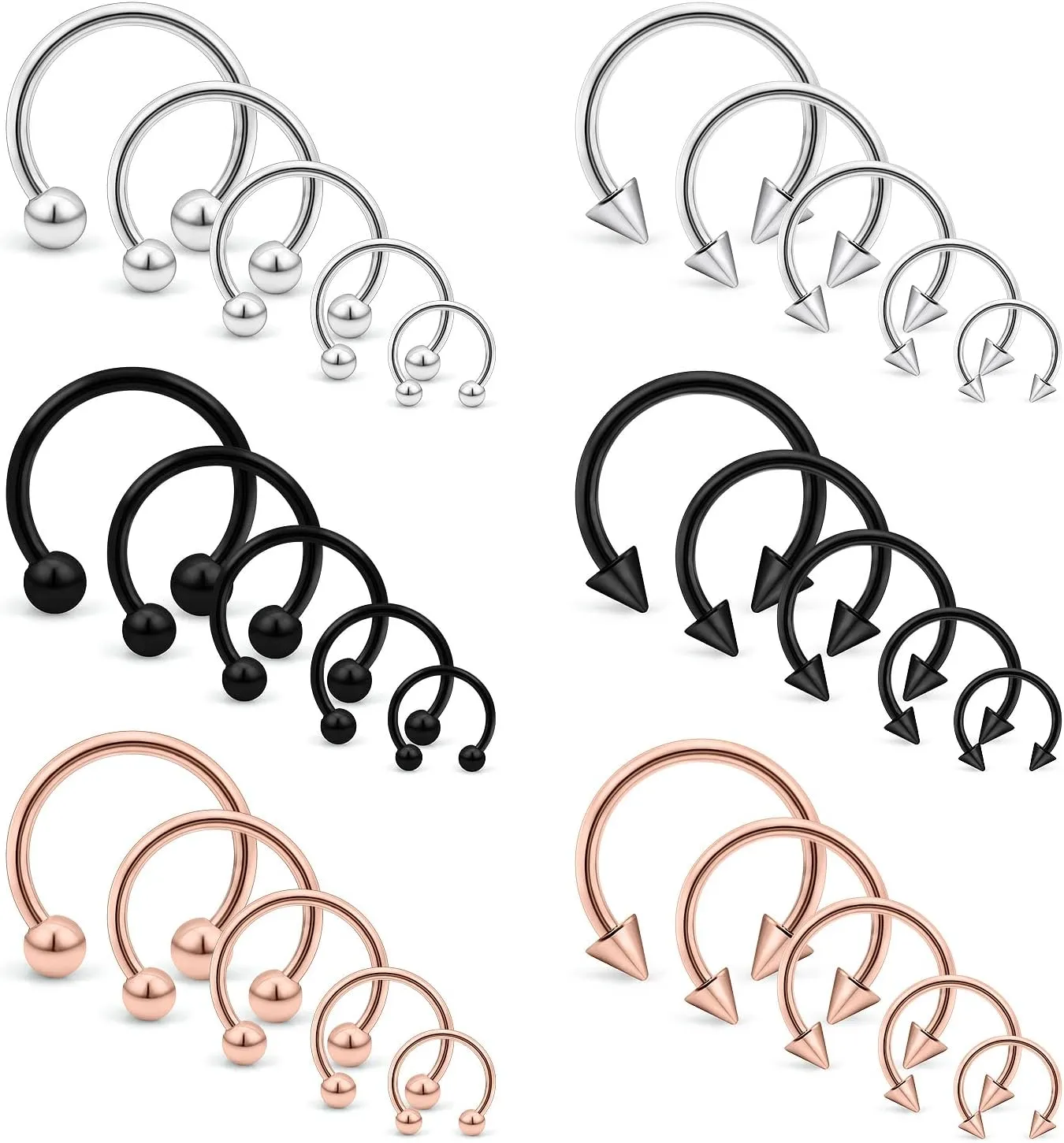 Vsnnsns 14G-16G-20G Septum & Nose Rings - Surgical Steel Piercing Jewelry: Horseshoe, Snake Bite, Smiley, Daith Rook Earrings for Women & Men - 6MM-16MM - 30PCS
