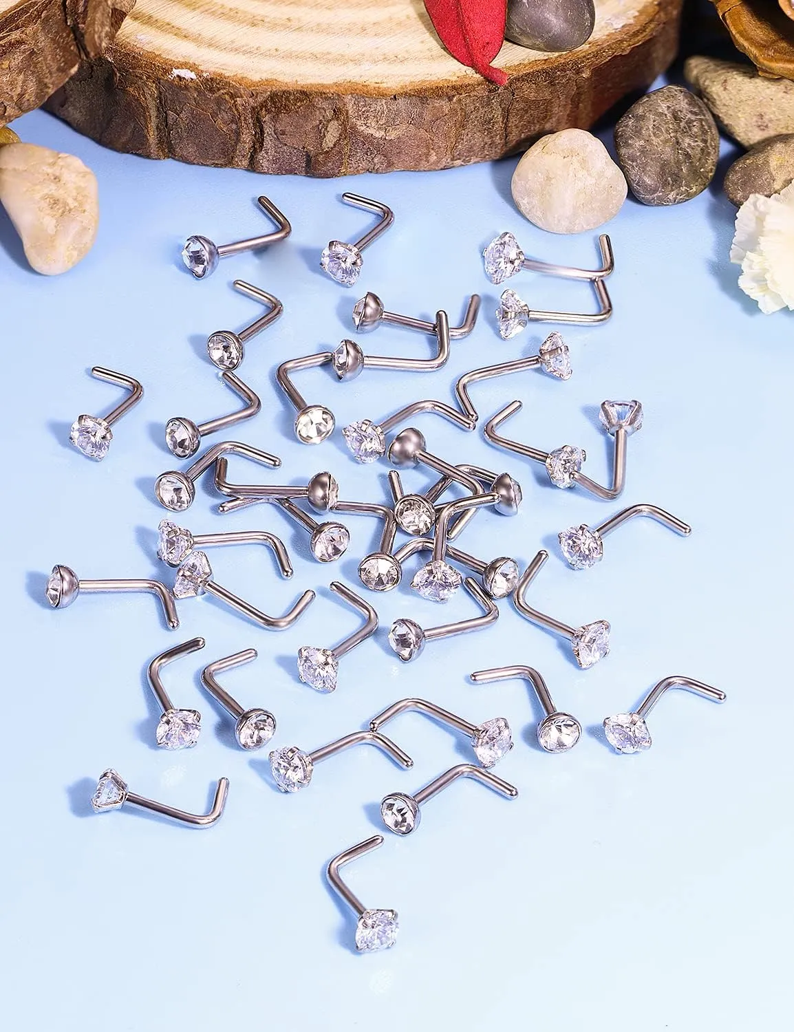 Vsnnsns 14K Gold Filled 18G 20G 22G Nose Rings Studs Piercing Jewelry for Women 316L Stainless Surgical Steel L Shaped Corkscrew Bone Nose Ring Studs Nostril Piercings Jewelry Diamond CZ Silver Gold