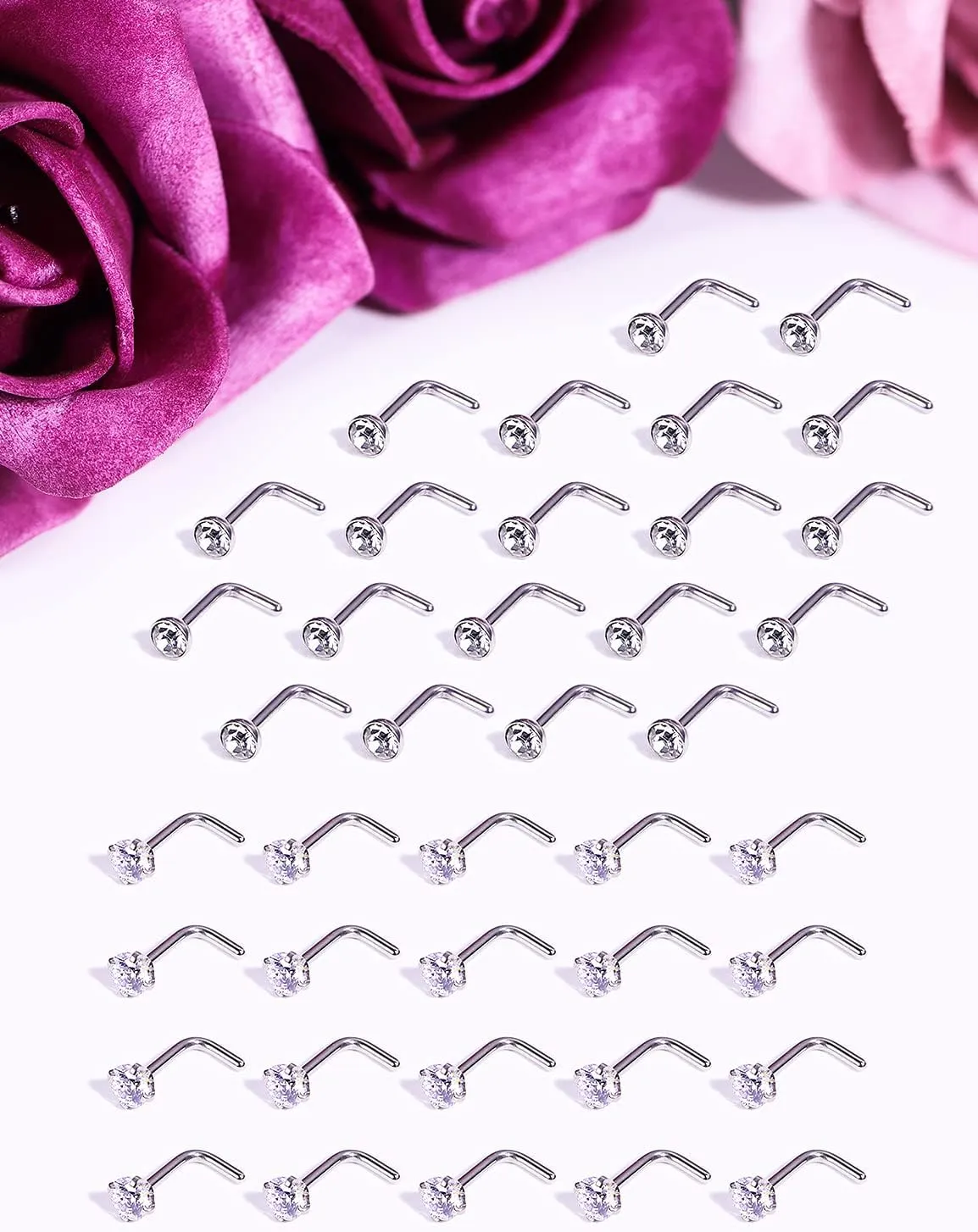 Vsnnsns 14K Gold Filled 18G 20G 22G Nose Rings Studs Piercing Jewelry for Women 316L Stainless Surgical Steel L Shaped Corkscrew Bone Nose Ring Studs Nostril Piercings Jewelry Diamond CZ Silver Gold