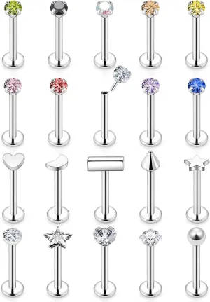 Vsnnsns 16G 18G 20G Threadless Push in Lip Rings Stainless Steel Flat Back Nose Rings Studs Earrings Tragus Helix Conch Cartilage Lobe Earrings Stud Piercing Jewelry for Women Men CZ 20Pcs