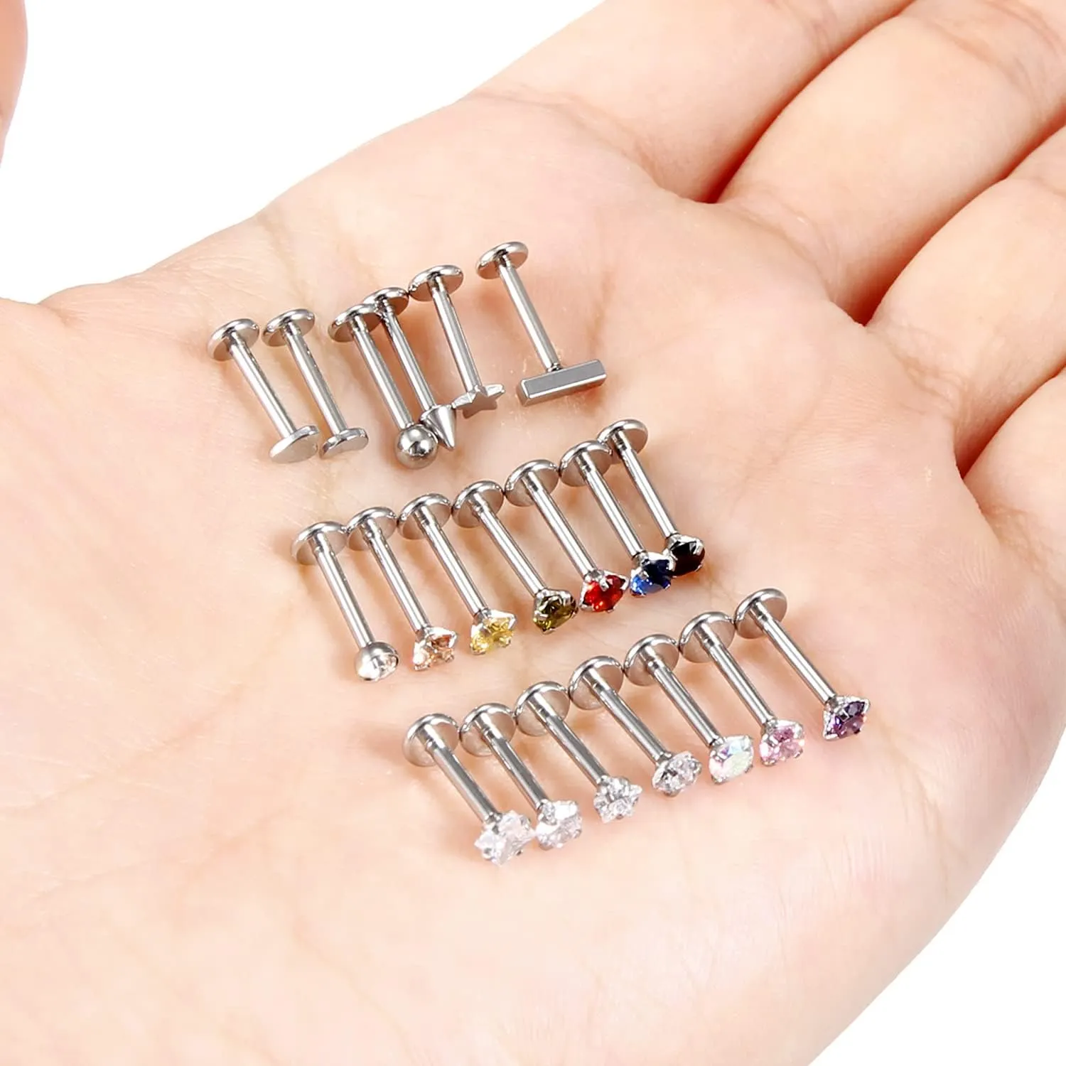 Vsnnsns 16G 18G 20G Threadless Push in Lip Rings Stainless Steel Flat Back Nose Rings Studs Earrings Tragus Helix Conch Cartilage Lobe Earrings Stud Piercing Jewelry for Women Men CZ 20Pcs