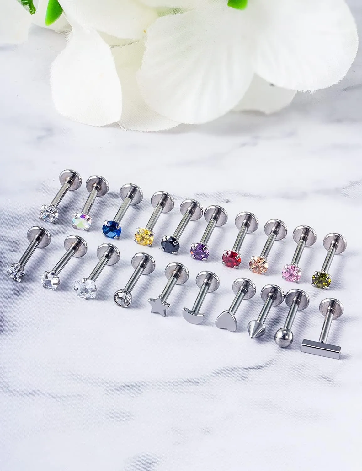 Vsnnsns 16G 18G 20G Threadless Push in Lip Rings Stainless Steel Flat Back Nose Rings Studs Earrings Tragus Helix Conch Cartilage Lobe Earrings Stud Piercing Jewelry for Women Men CZ 20Pcs