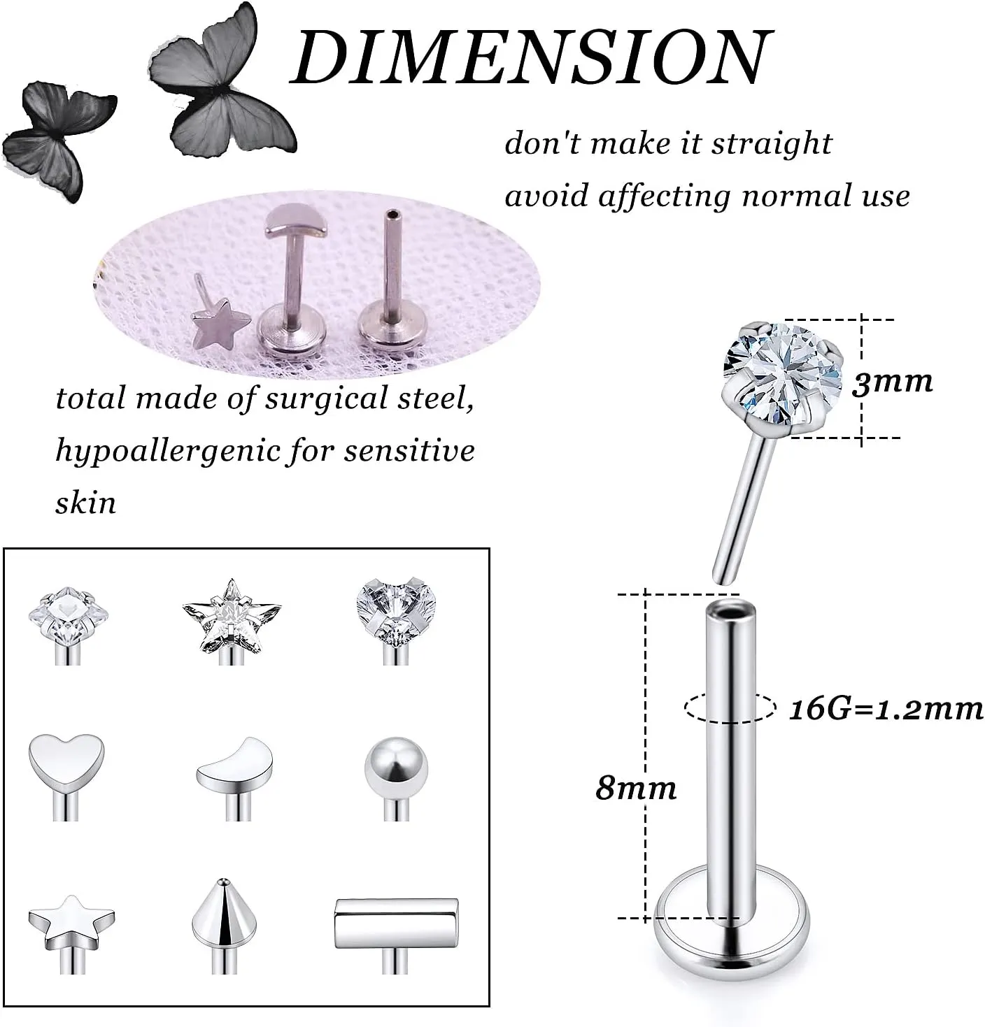 Vsnnsns 16G 18G 20G Threadless Push in Lip Rings Stainless Steel Flat Back Nose Rings Studs Earrings Tragus Helix Conch Cartilage Lobe Earrings Stud Piercing Jewelry for Women Men CZ 20Pcs