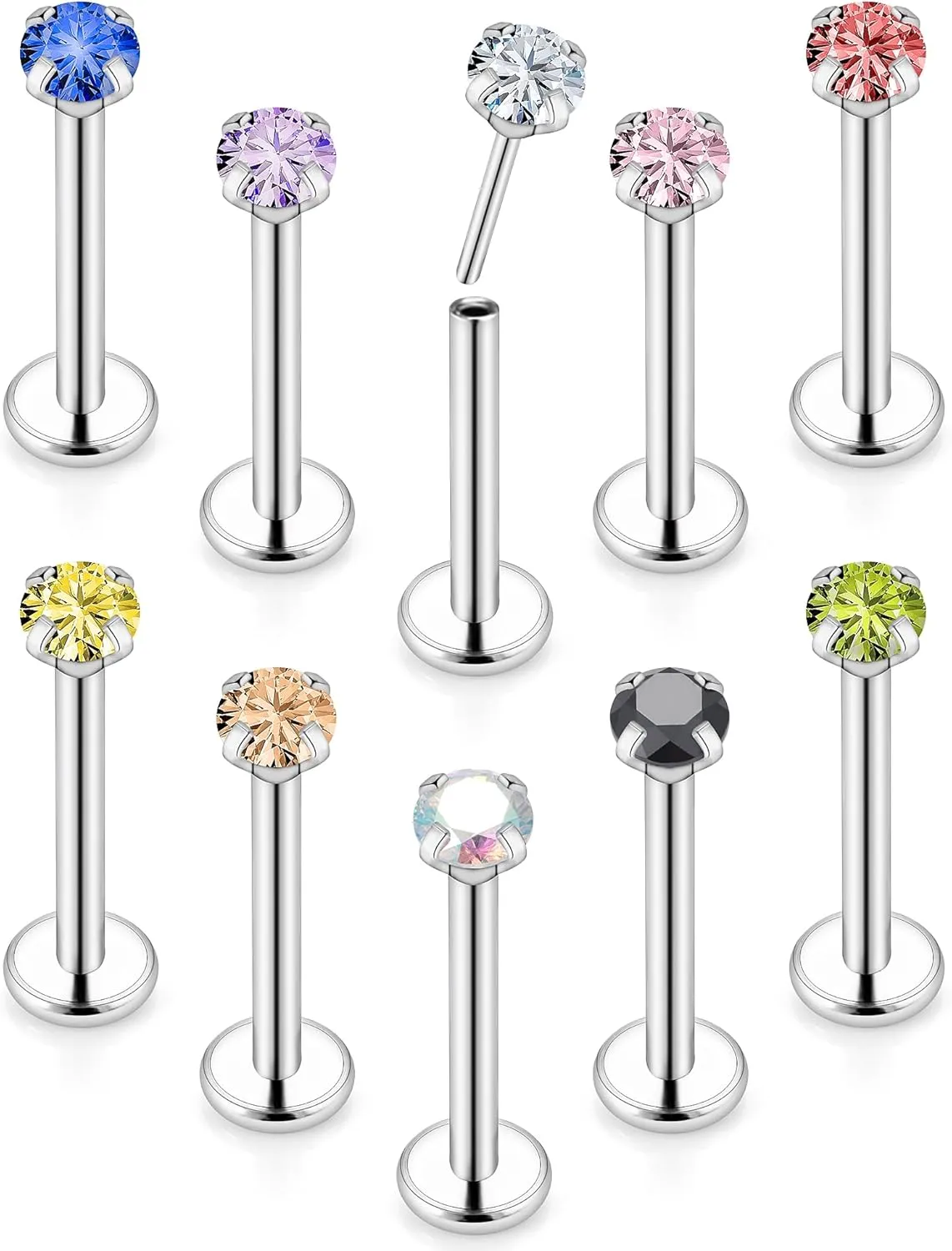 Vsnnsns 16G 18G 20G Threadless Push in Lip Rings Stainless Steel Flat Back Nose Rings Studs Earrings Tragus Helix Conch Cartilage Lobe Earrings Stud Piercing Jewelry for Women Men Diamond CZ Silver