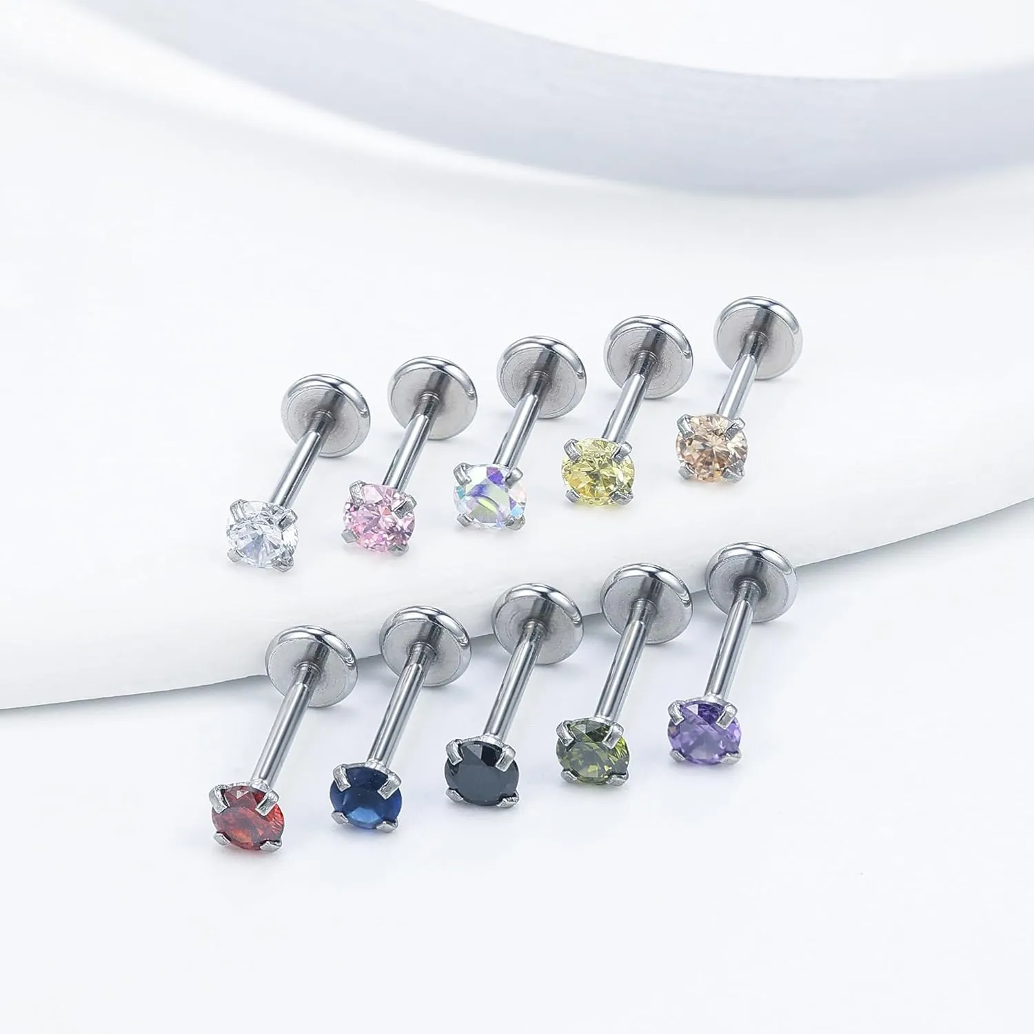 Vsnnsns 16G 18G 20G Threadless Push in Lip Rings Stainless Steel Flat Back Nose Rings Studs Earrings Tragus Helix Conch Cartilage Lobe Earrings Stud Piercing Jewelry for Women Men Diamond CZ Silver