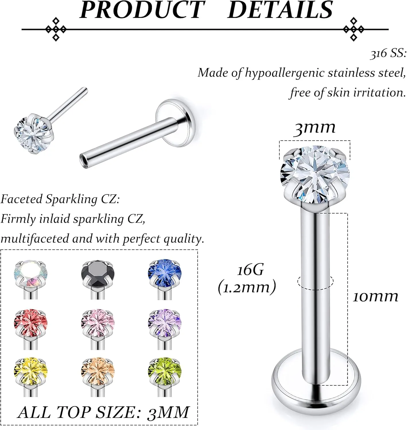 Vsnnsns 16G 18G 20G Threadless Push in Lip Rings Stainless Steel Flat Back Nose Rings Studs Earrings Tragus Helix Conch Cartilage Lobe Earrings Stud Piercing Jewelry for Women Men Diamond CZ Silver