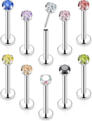 Vsnnsns 16G 18G 20G Threadless Push in Lip Rings Stainless Steel Flat Back Nose Rings Studs Earrings Tragus Helix Conch Cartilage Lobe Earrings Stud Piercing Jewelry for Women Men Diamond CZ Silver