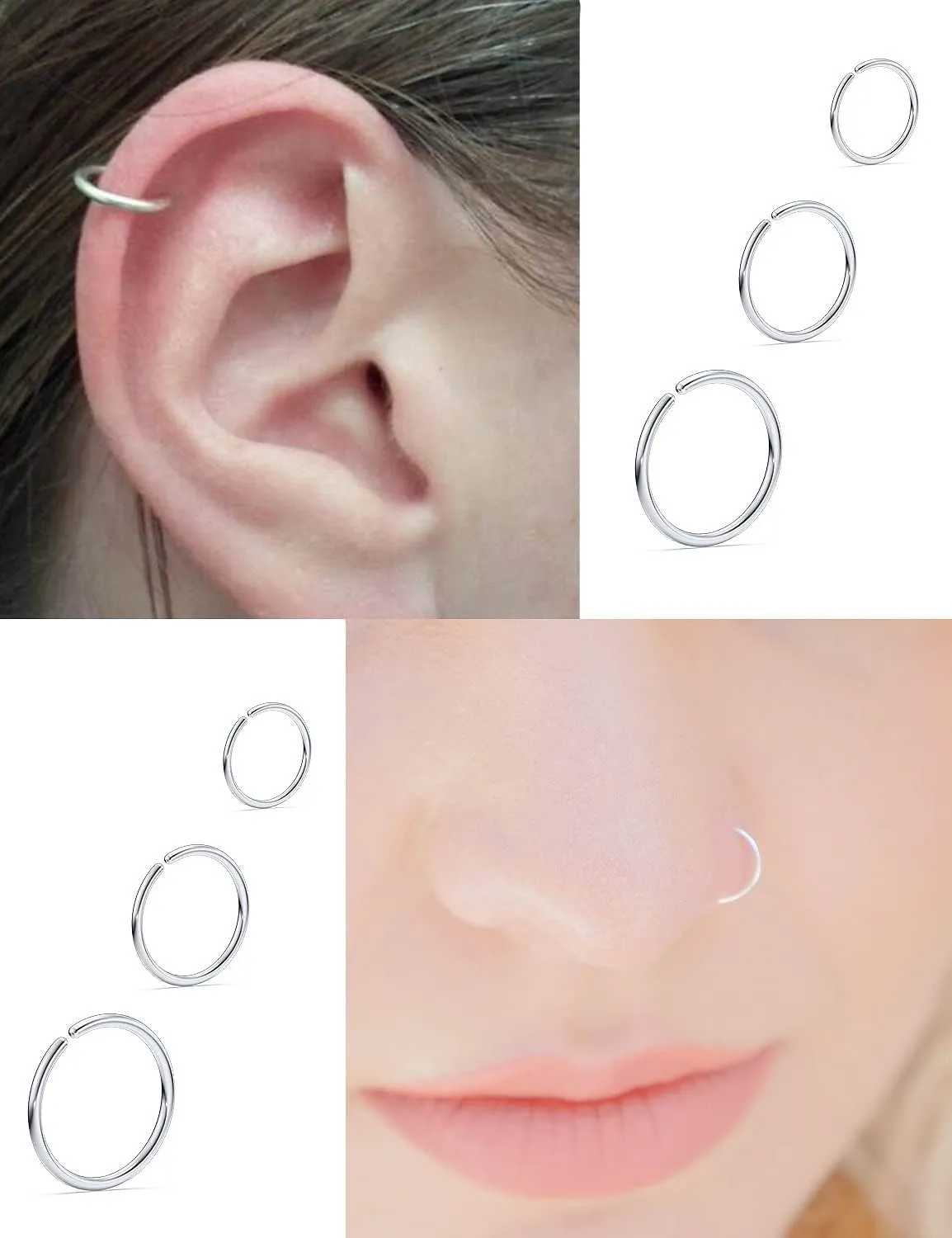 Vsnnsns 18G 20G 22G Nose Rings Hoops for Women Men - 316L Stainless Surgical Steel Lip Septum Rings Helix Tragus Cartilage Earring Piercing Jewelry 6mm 8mm 10mm Nose Piercing Hoops - 36Pcs