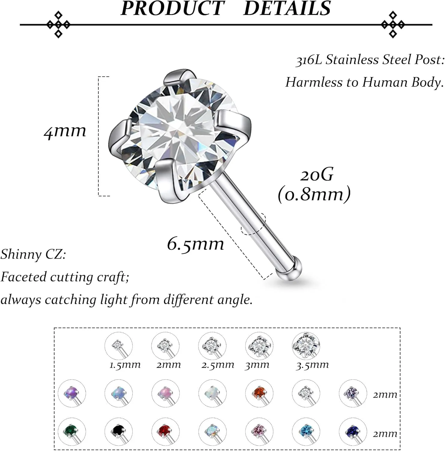 Vsnnsns 18G 20G 22G Nose Rings Studs Piercing Jewelry for Women 316L Surgical Stainless Steel L Shaped Corkscrew Straight Opal Diamond CZ Nose Rings Studs Nostril Piercing Jewelry For Women Men Silver
