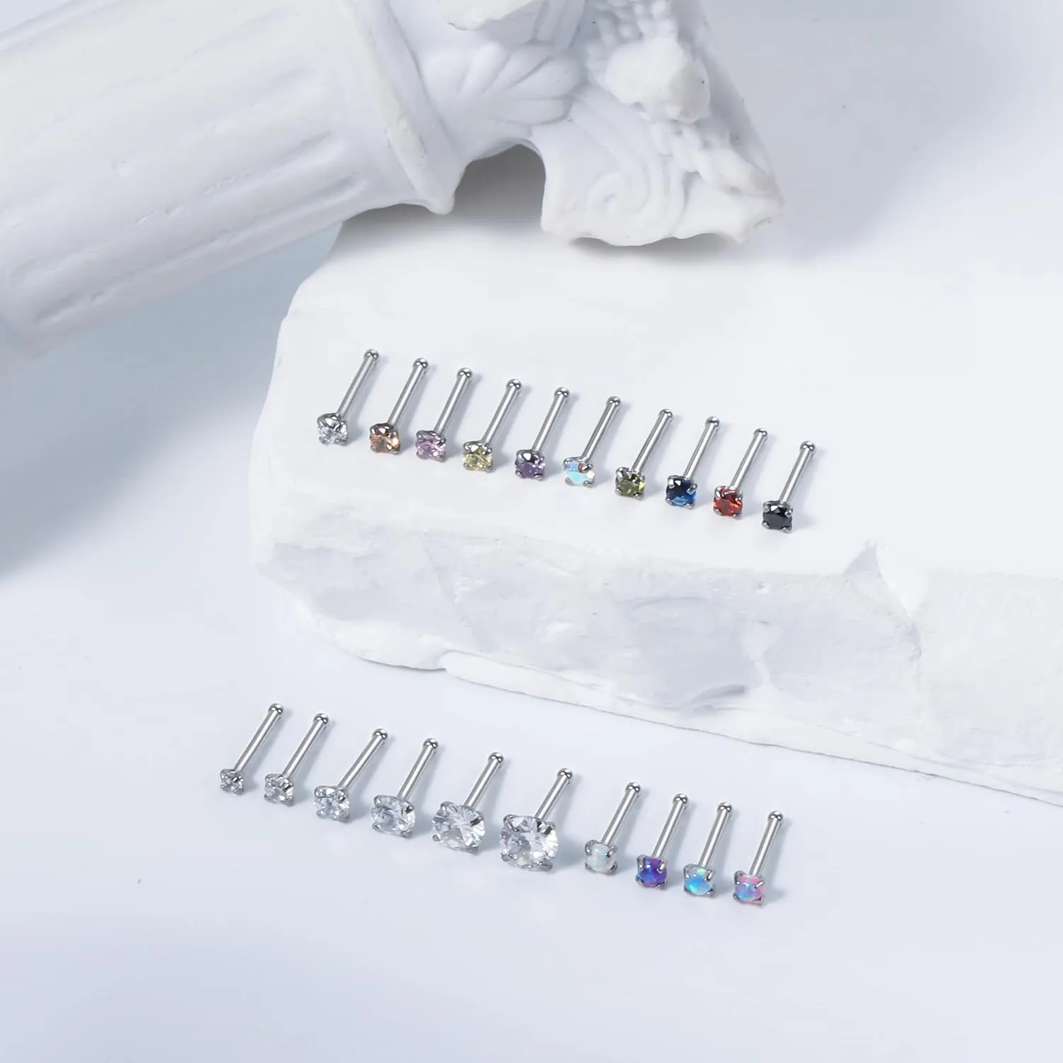 Vsnnsns 18G 20G 22G Nose Rings Studs Piercing Jewelry for Women 316L Surgical Stainless Steel L Shaped Corkscrew Straight Opal Diamond CZ Nose Rings Studs Nostril Piercing Jewelry For Women Men Silver