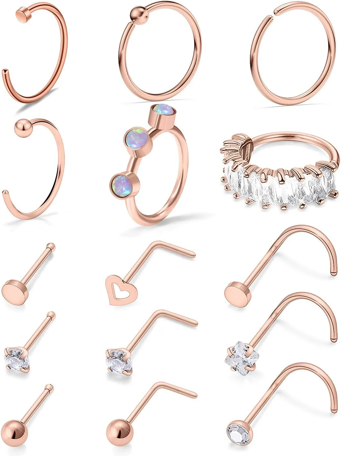 Vsnnsns 18G Nose Rings for Women Surgical Steel Nose Rings Hoops L Shaped Nose Studs Opal Nose Hoop Rings 1.5mm 2mm 2.5mm 3mm Diamond CZ Nose Ring Piercing Jewelry Silver Black Rose Gold 15-20Pcs